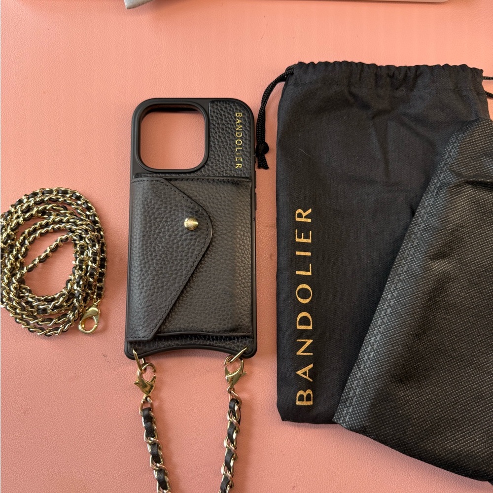 Bandolier Black Leather Phone/Wallet Case with Gold Chain - IPhone 16 Pro